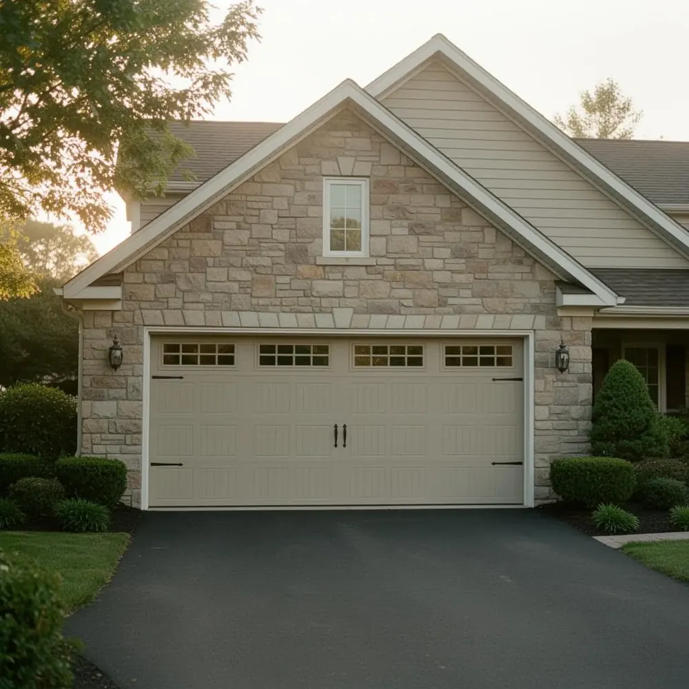 Newly installed insulated steel garage door on a St. Cloud MN home during winter