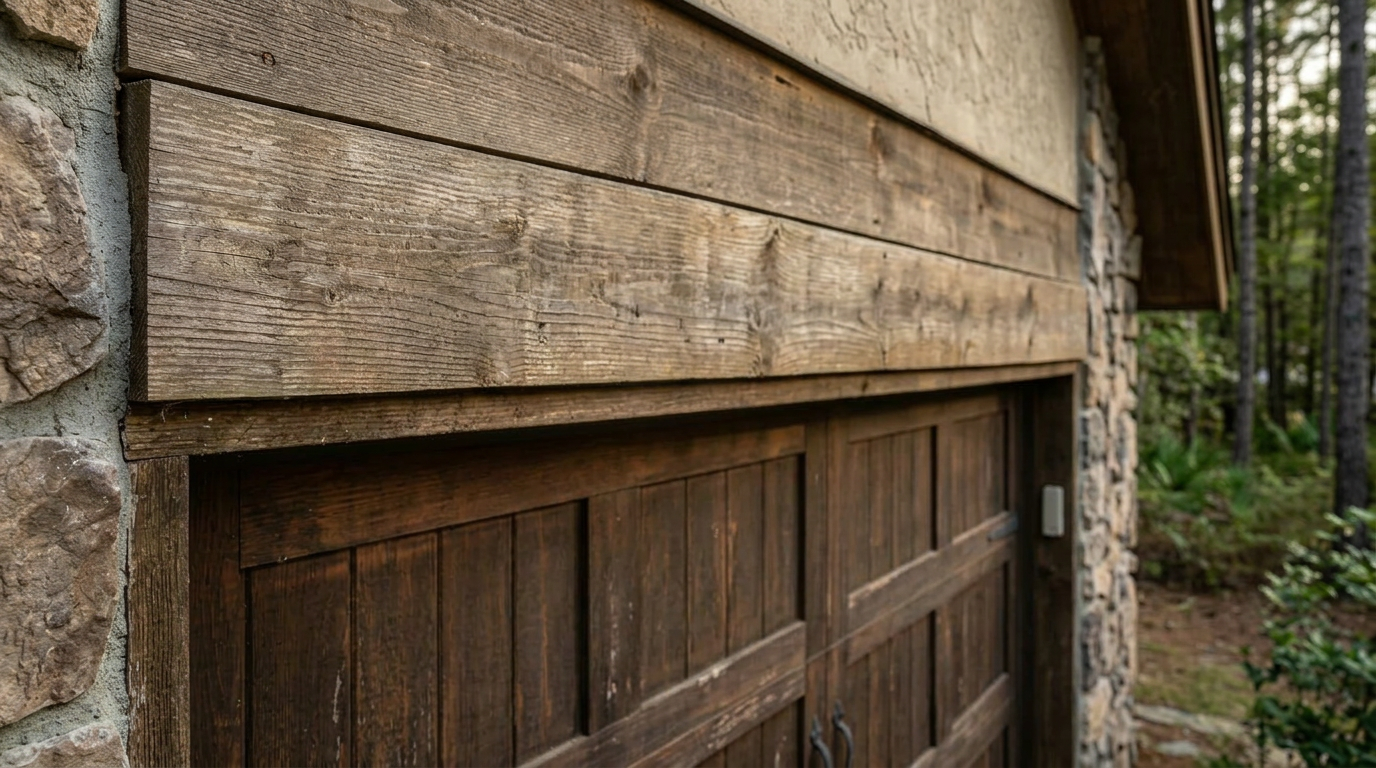 Close-up exterior detail of a frayed galvanized cable visible at the drum end above a closed cabin garage door at Bay Lake...