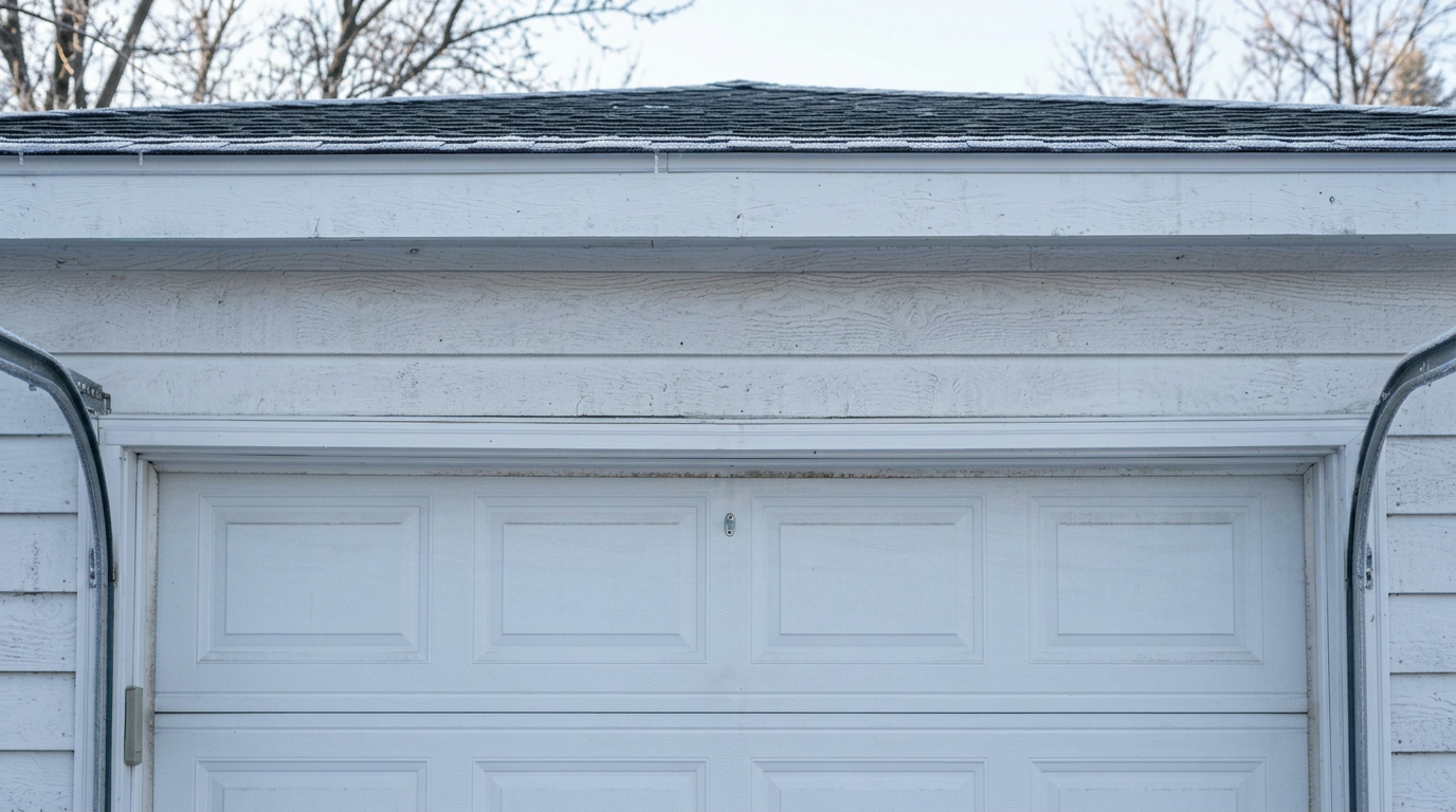 Close-up exterior detail of a torsion spring assembly visible above a closed white garage door on a Crosby home, cold morn...