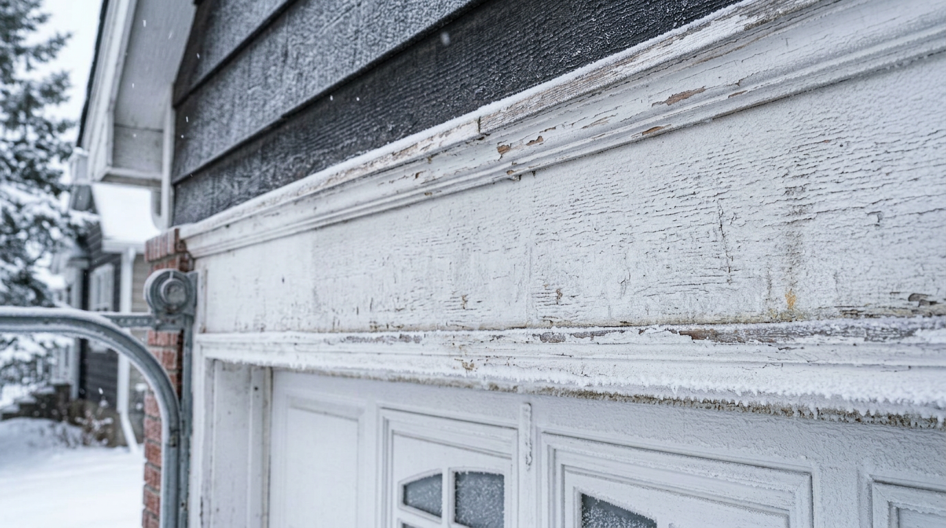 Material close-up of a torsion spring assembly and shaft on a residential garage door header in winter light, frost on the...