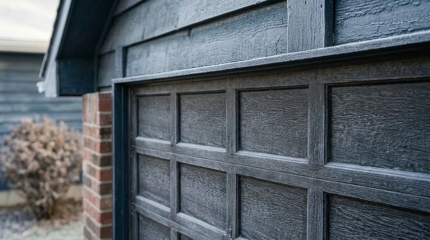 Close-up detail of a cold-weather garage door spring and lift cable assembly with light frost on adjacent surfaces, soft w...