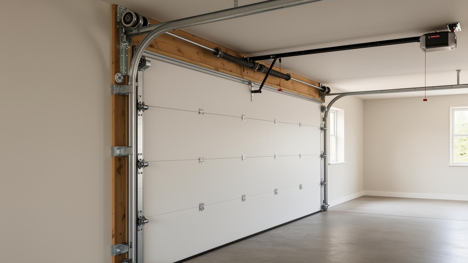 Material close-up of a vertical garage door track and roller assembly bolted to a residential garage frame, bracket detail...