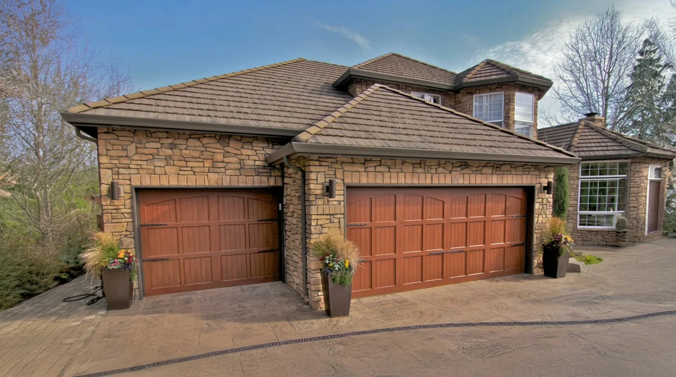 7800-series mahogany finish carriage-style garage doors with decorative strap hinges