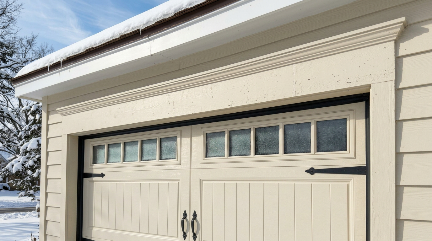 Close-up exterior photograph of a residential McGregor garage door header showing the upper section panel and weatherstrip...