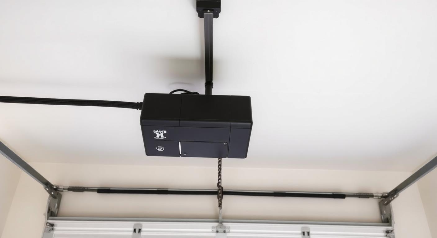 Interior view of a ceiling-mounted chain-drive garage door opener above a closed white sectional garage door in a Merrifield home.