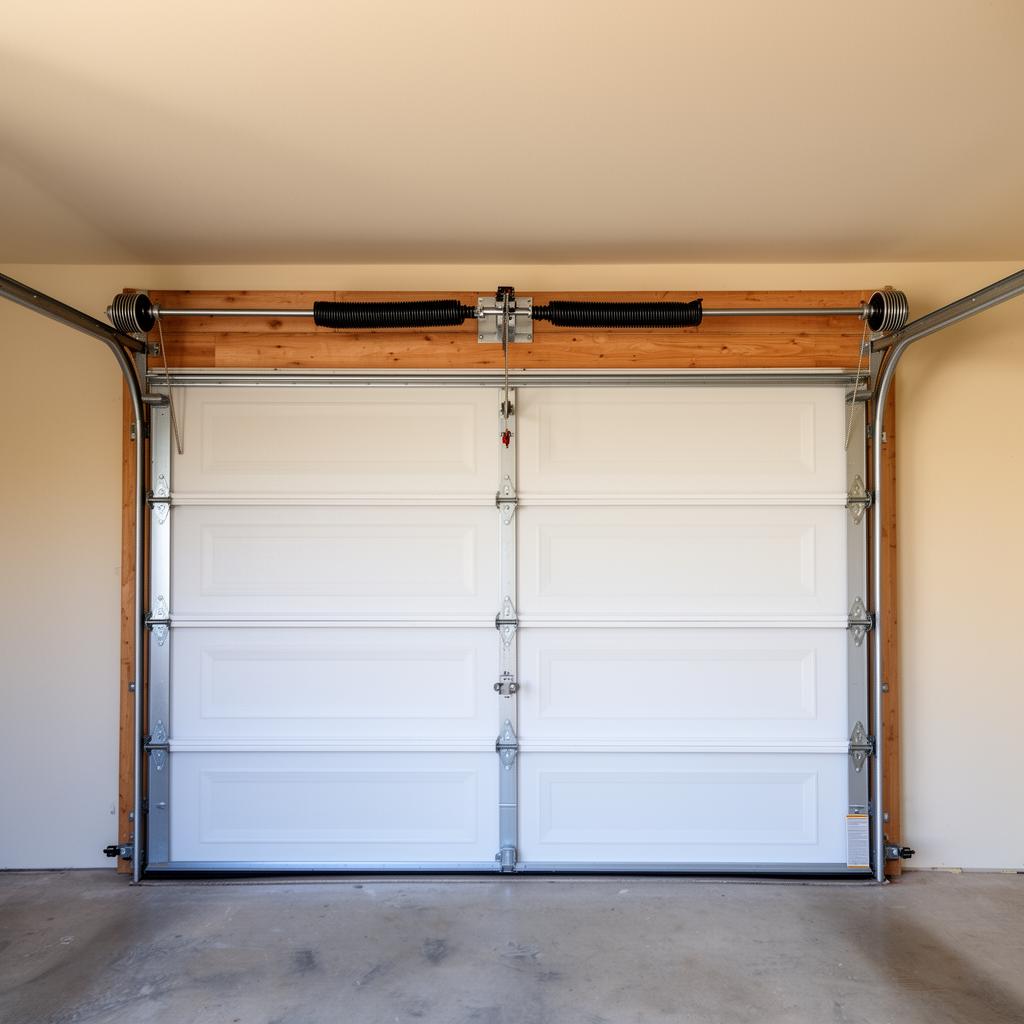 Interior close-up of a residential torsion spring assembly mounted above a closed white sectional garage door.