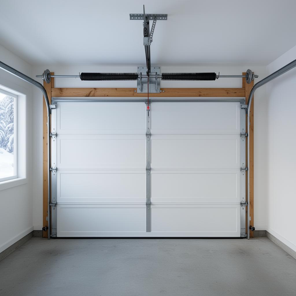 Interior-side view of a residential torsion spring assembly mounted above a closed white sectional garage door.