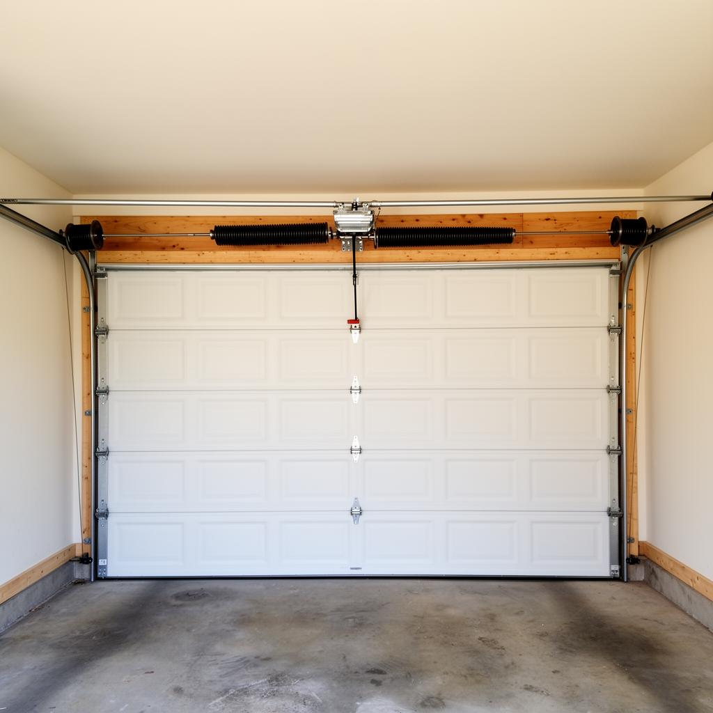 Interior close-up of two torsion springs mounted on a steel shaft above a residential double-car garage door header.