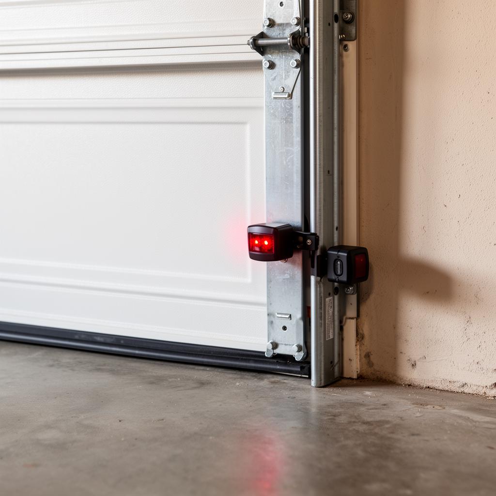 Close-up of a residential garage door photo-eye safety sensor mounted near the floor on the inside of the door track, aimed across the door threshold.