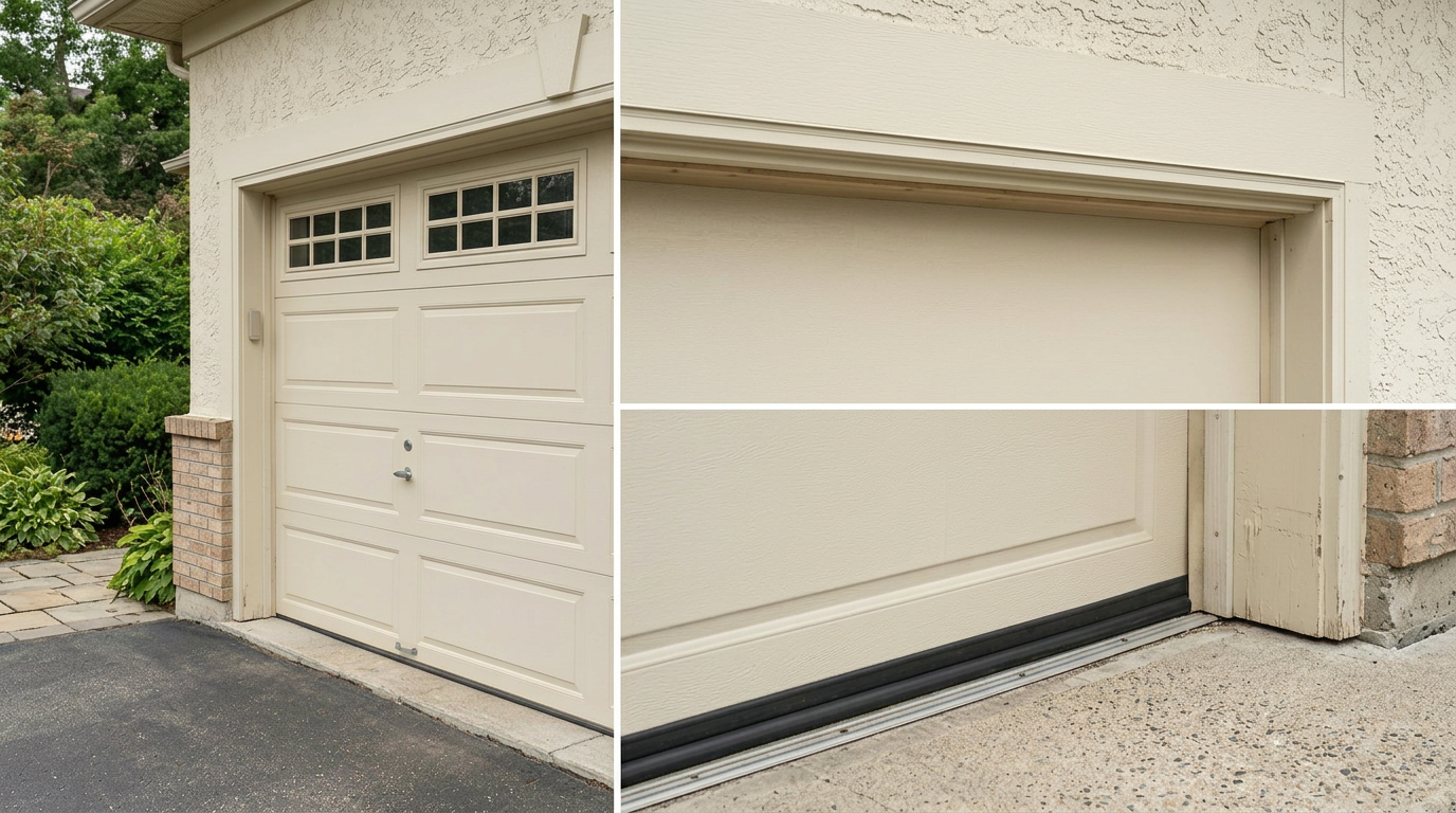Three-panel collage of a residential garage exterior: the closed cream-colored sectional door on the left, a close-up of the door header on the top right, and a close-up of the door bottom seal on the bottom right.