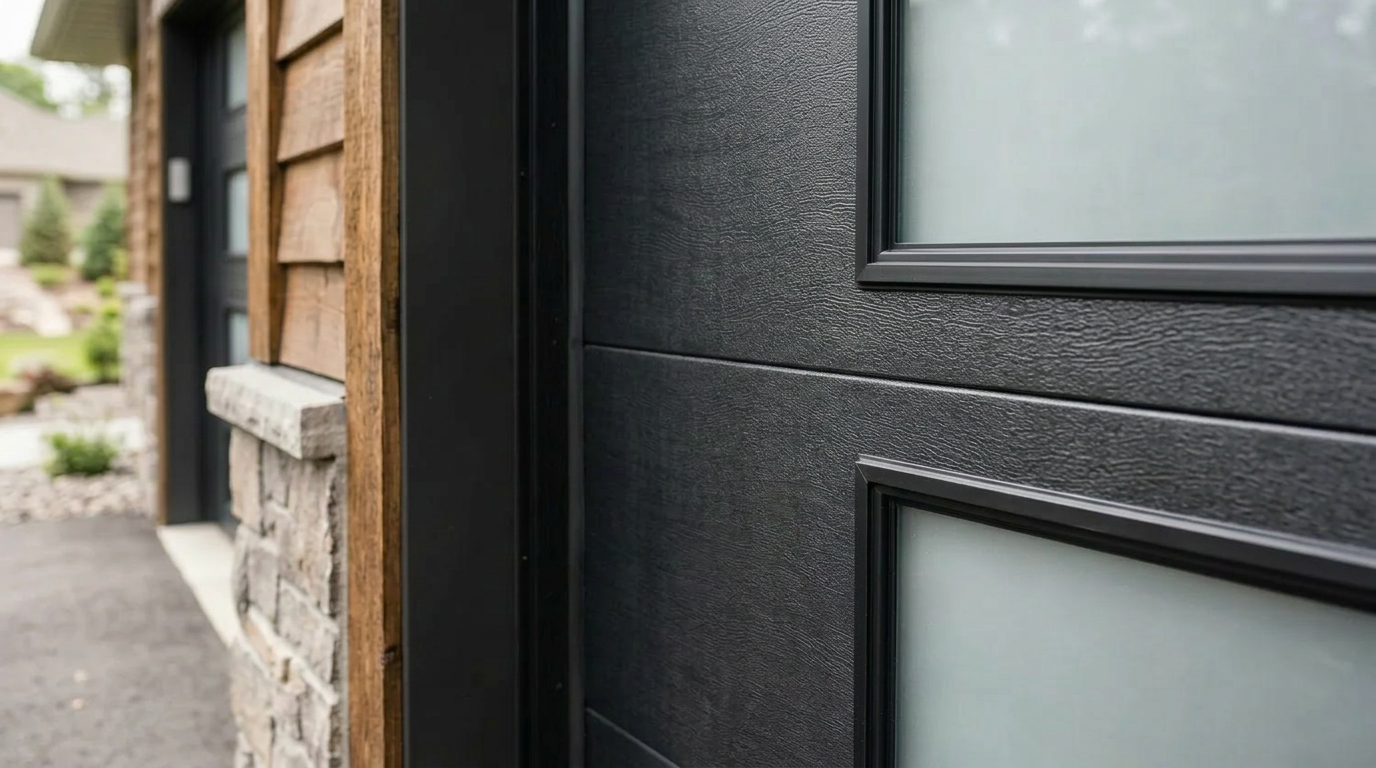 Close-up exterior view of a modern black flush-panel insulated garage door with frosted glass inserts on a Staples home.