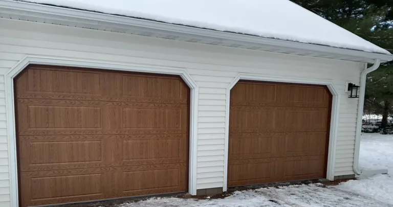 Two oak carriage-style garage doors on a detached garage in winter